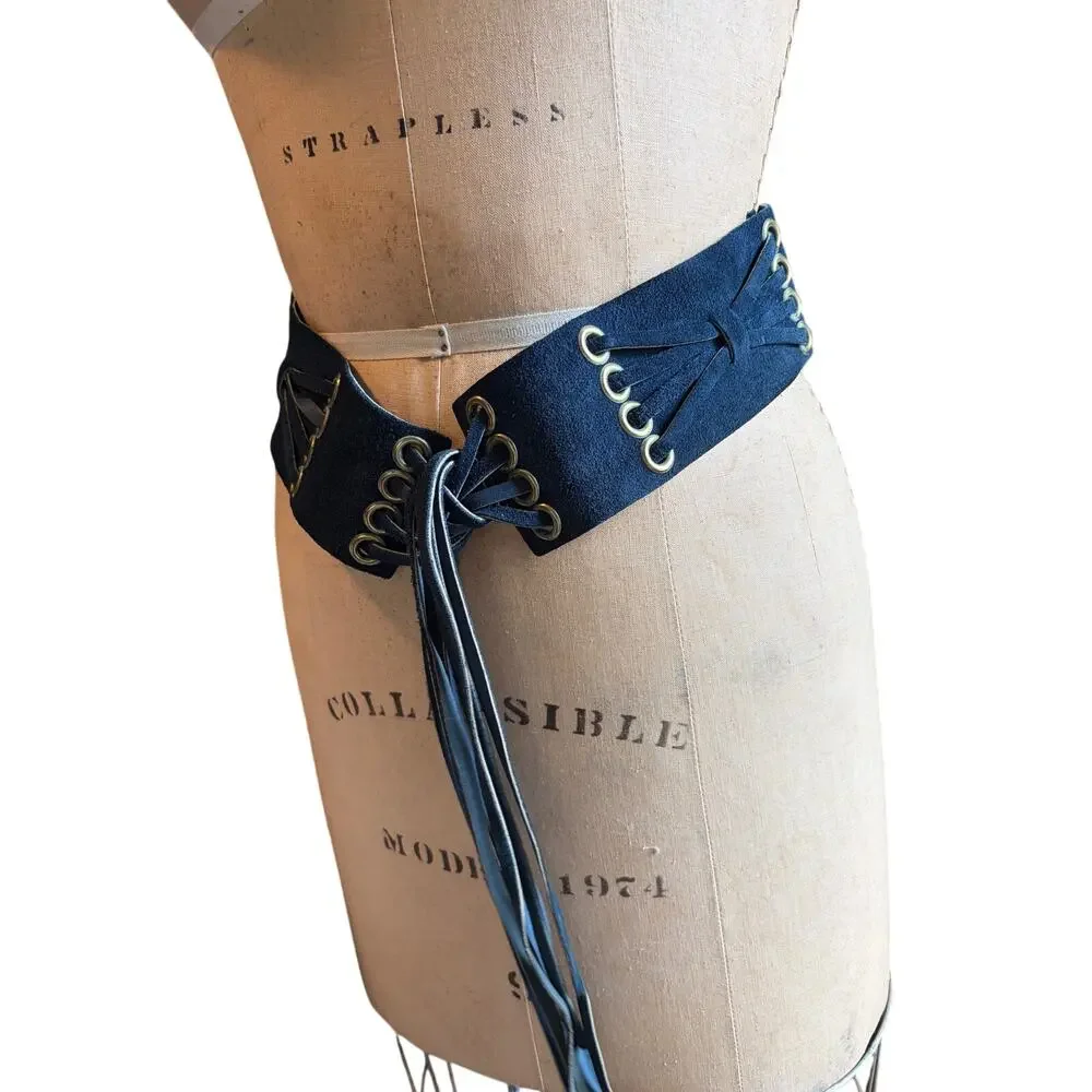 Navy Blue Suede Corset Obi Belt Wide Lace Up Fringe Boho 28